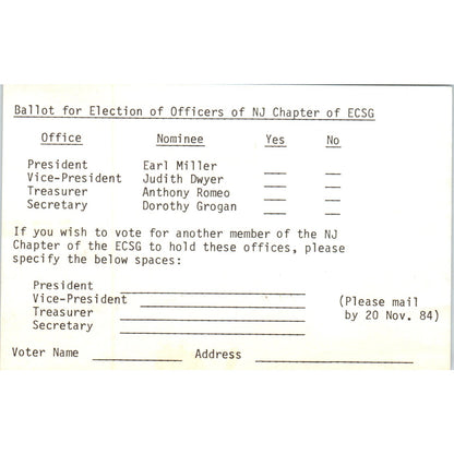 1984 Somerville NJ Chapter ECSG Officer Election Ballot Postal Card PD7