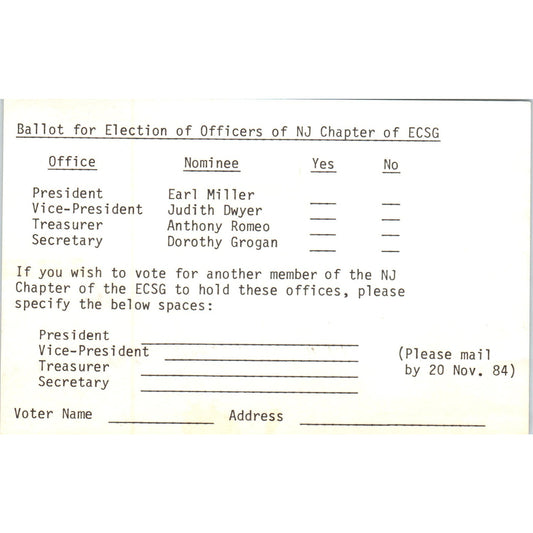 1984 Somerville NJ Chapter ECSG Officer Election Ballot Postal Card PD7