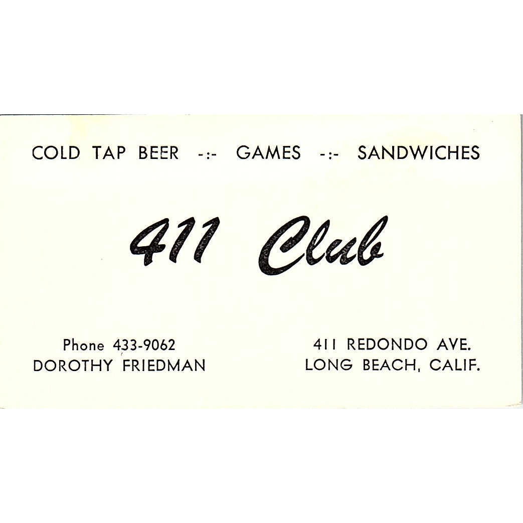 The 411 Club Dorothy Friedman Long Beach CA Vintage Business Card SD9-B5