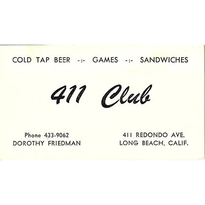 The 411 Club Dorothy Friedman Long Beach CA Vintage Business Card SD9-B5