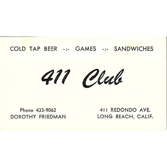The 411 Club Dorothy Friedman Long Beach CA Vintage Business Card SD9-B5