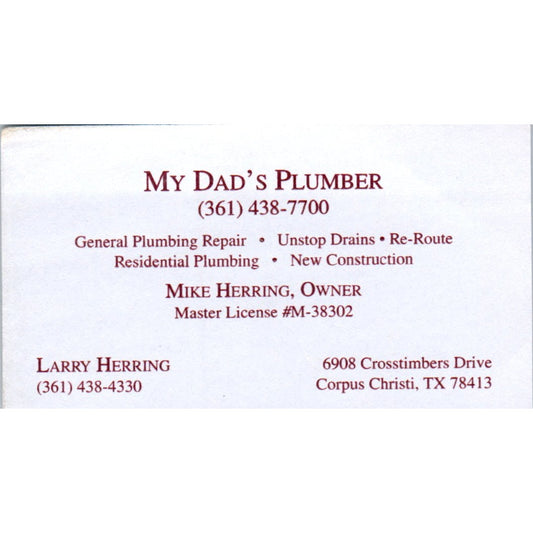 My Dad's Plumber Mike, Larry Herring Corpus Christi Vintage Business Card SD4-B2