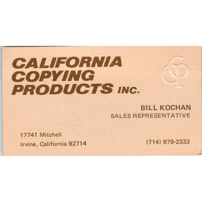 California Copying Products Inc Bill Kochan Irvine CA Vtg Business Card SD4-B3