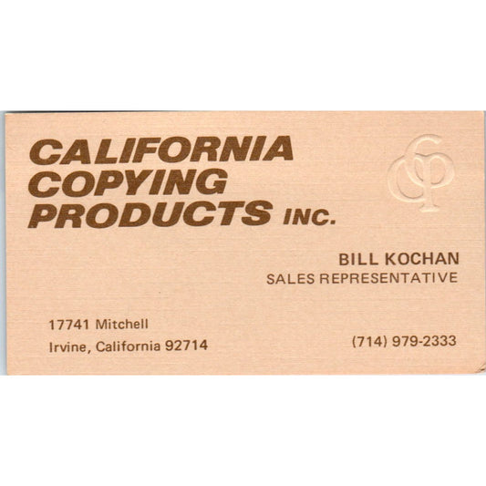 California Copying Products Inc Bill Kochan Irvine CA Vtg Business Card SD4-B3