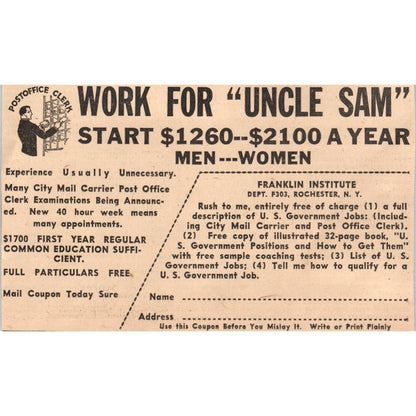 Franklin Institute Work for Uncle Sam 3x5" 1935 Minneapolis Journal Ad AE7-N1
