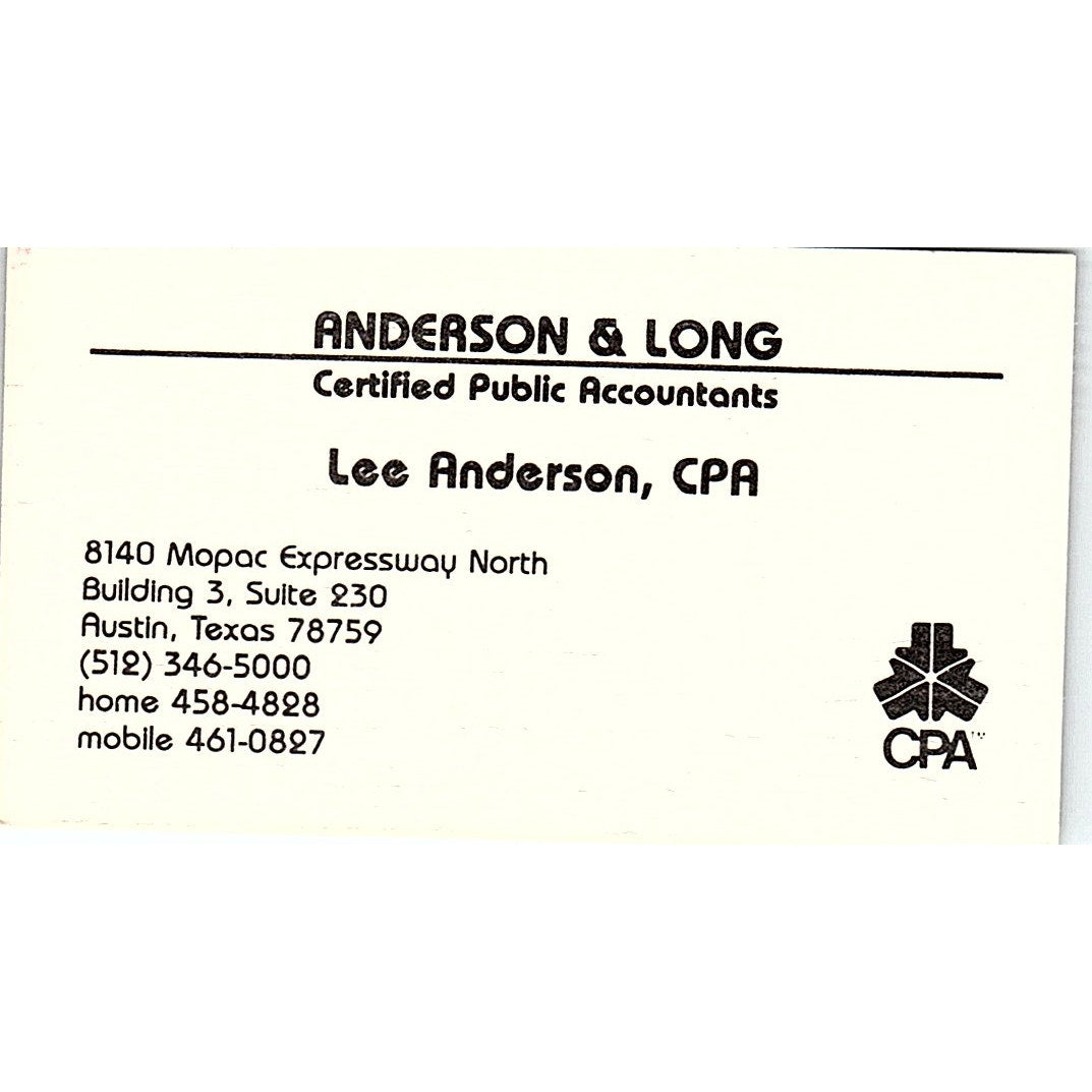 Lee Anderson & Long CPA Austin TX Vintage Business Card SD9-B1