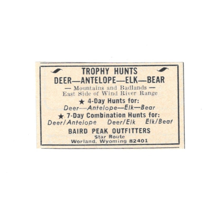 Baird Peak Outfitters Trophy Hunts Worland Wyoming 1977 Ad AF6-S1