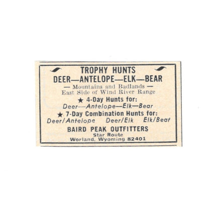 Baird Peak Outfitters Trophy Hunts Worland Wyoming 1977 Ad AF6-S1