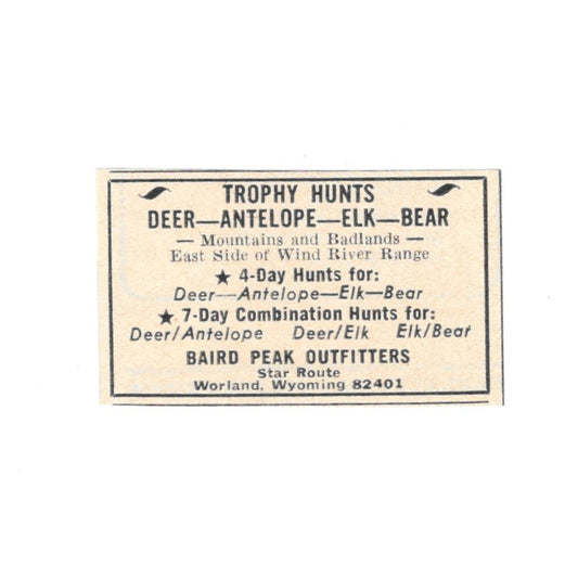 Baird Peak Outfitters Trophy Hunts Worland Wyoming 1977 Ad AF6-S1