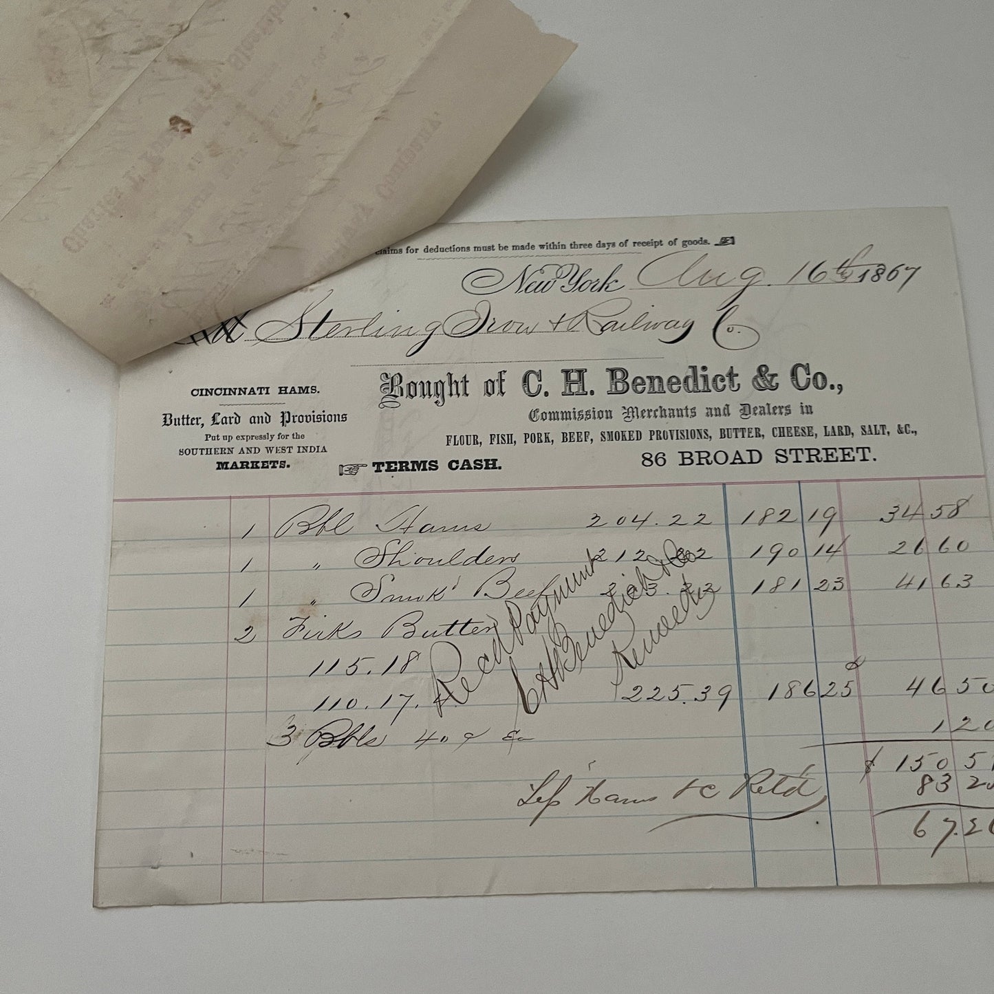 C.H. Benedict & Co Dry Goods New York 1867 Billhead & Erie Ry Waybill C15