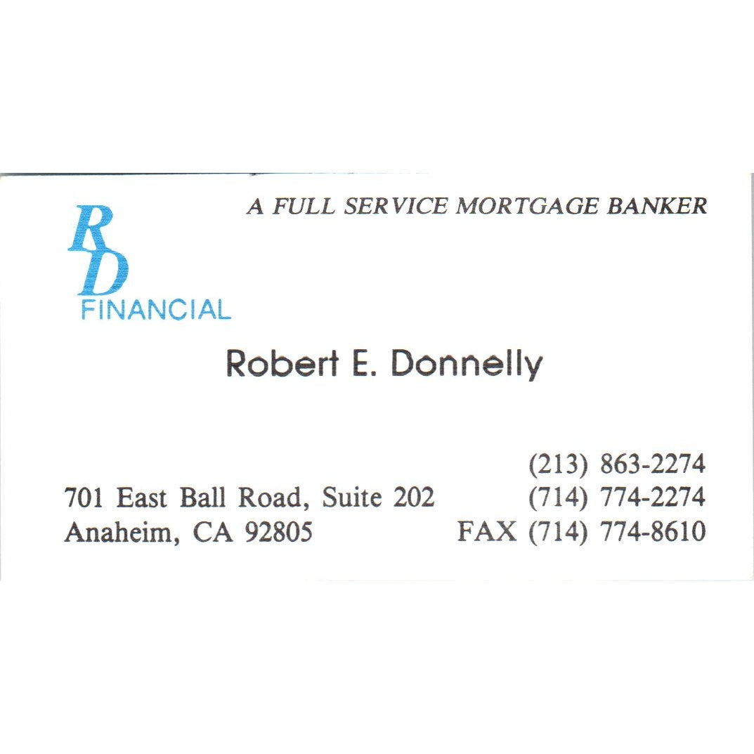 RD Financial Robert E. Donnelly Anaheim CA Vintage Business Card SD8-B19