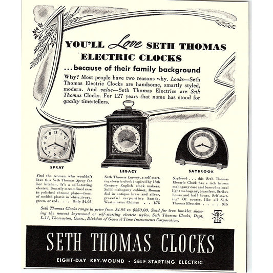 Seth Thomas Clocks Eight-Day Key-Wound Self-Starting Electric 1940 Ad AF8-3