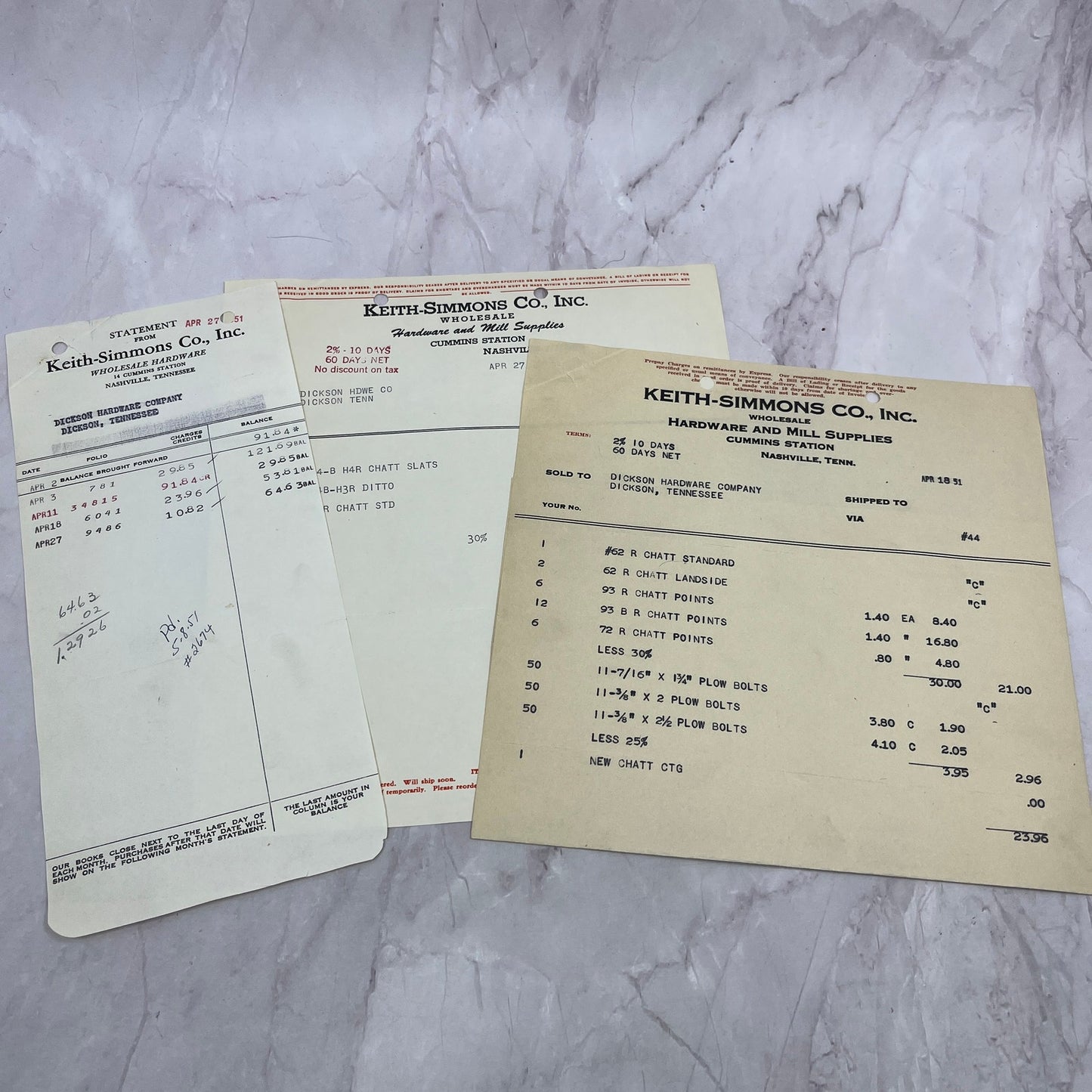 1950s Keith-Simmons Co Inc Nashville Tennessee Billhead Invoice Lot TC5-RD