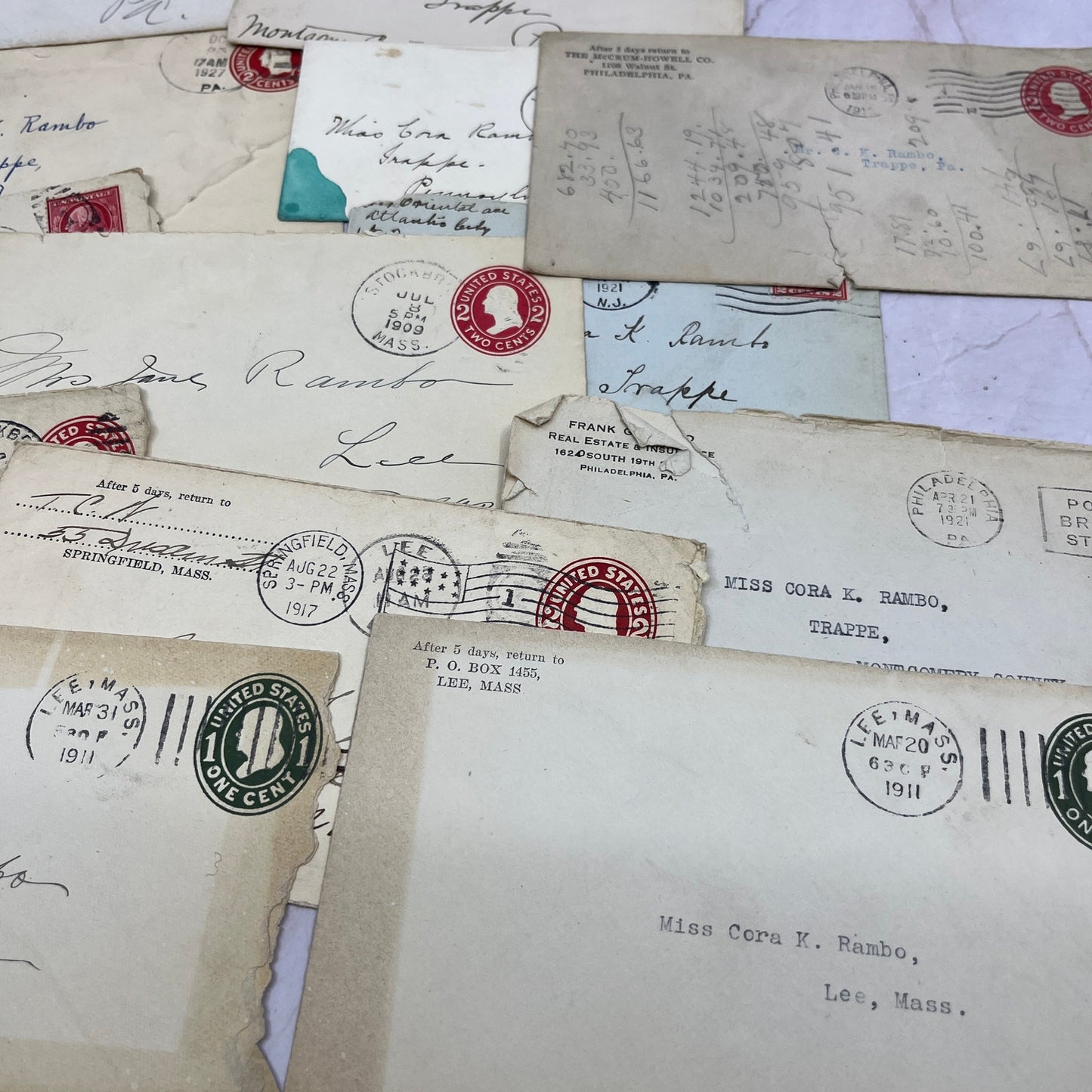 1909-20s Huge Lot Cora K. Rambo Lee MA Postal Cover Envelopes L4-4-2