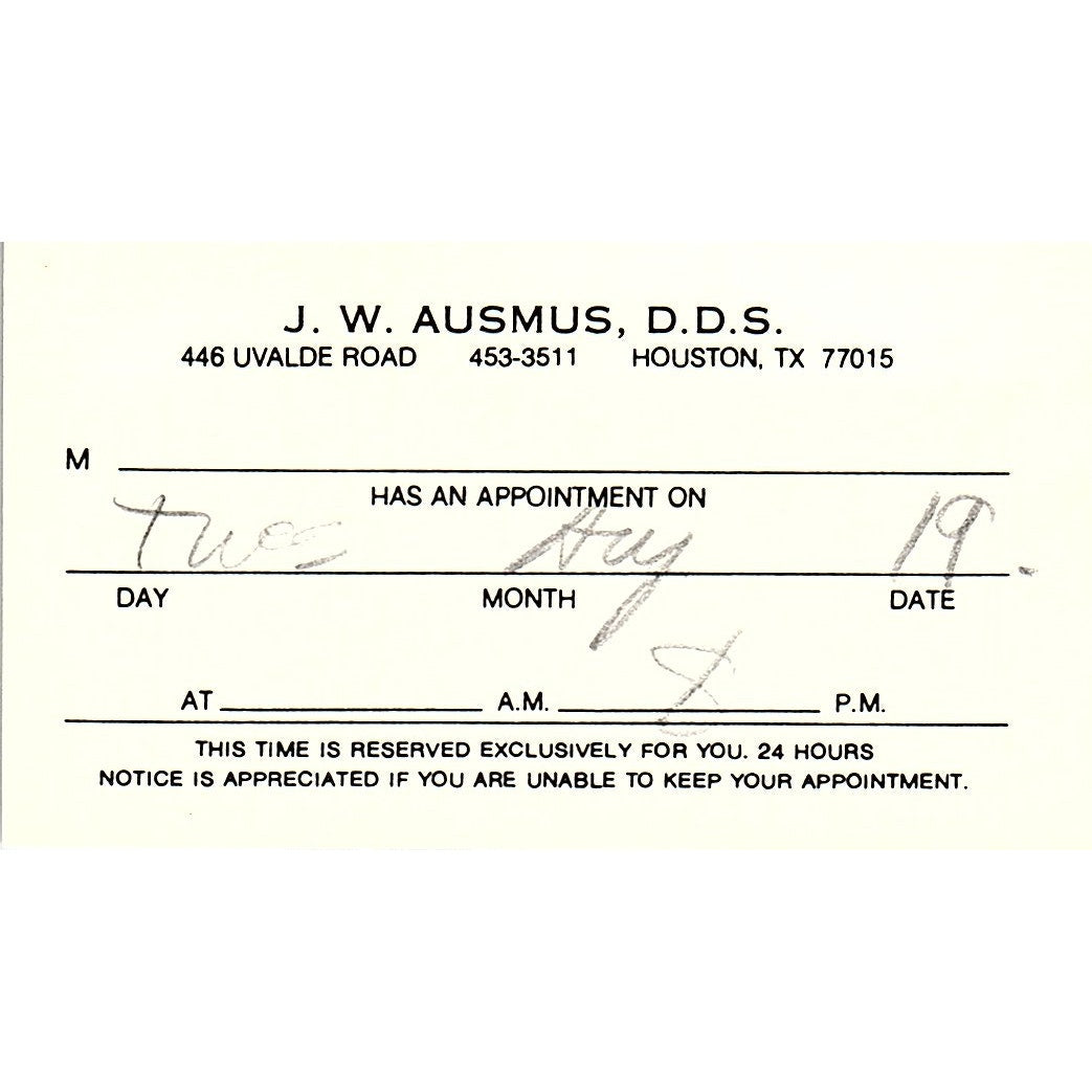 J.W. Ausmus Uvalde Road Houston Texas Vintage Business Card SB4-B2
