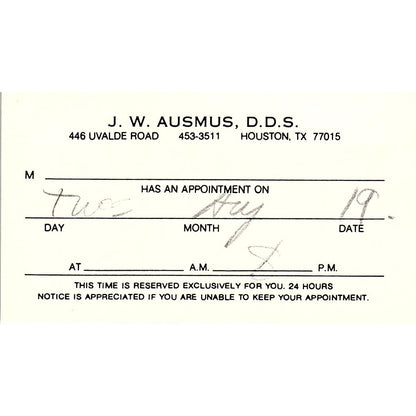 J.W. Ausmus Uvalde Road Houston Texas Vintage Business Card SB4-B2