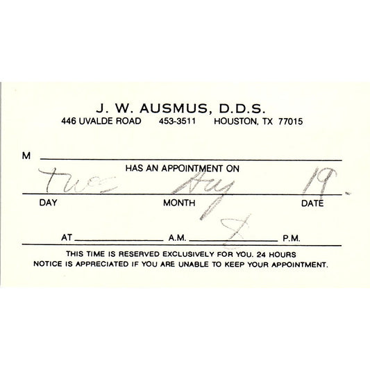 J.W. Ausmus Uvalde Road Houston Texas Vintage Business Card SB4-B2