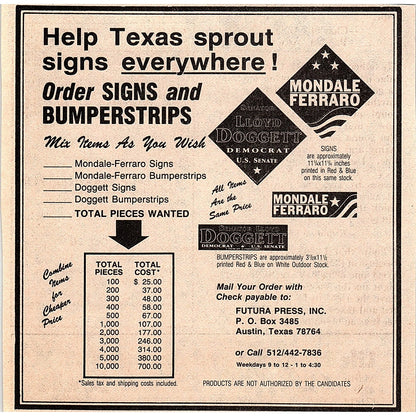 Futura Press Inc Political Signs and Bumper Stickers Austin TX 1984 Ad AF6-9