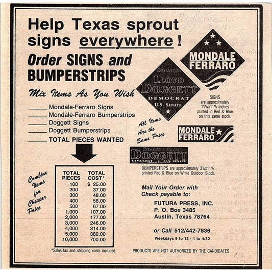 Futura Press Inc Political Signs and Bumper Stickers Austin TX 1984 Ad AF6-9