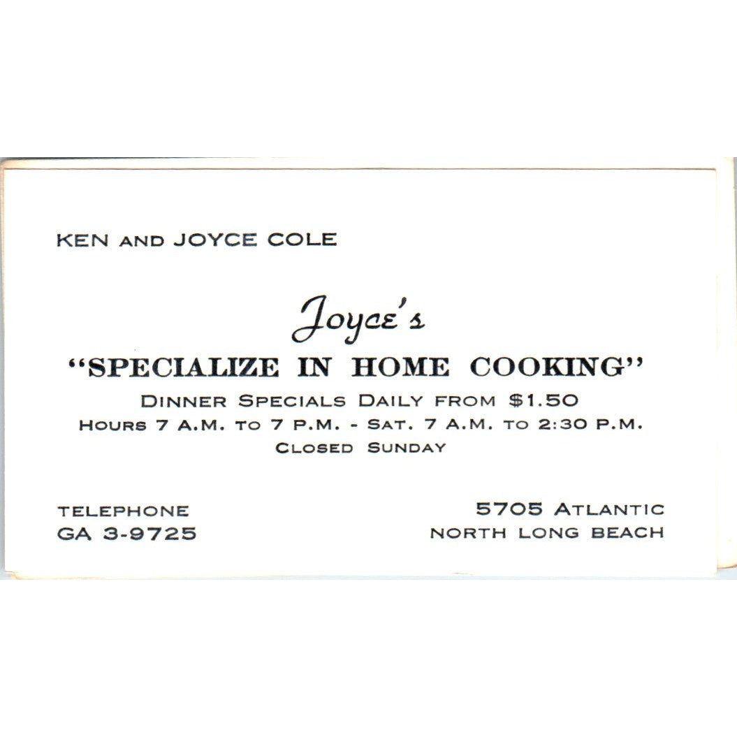 Joyce's Home Cooking Ken & Joyce Cole Long Beach CA Vintage Business Card SD8-B7