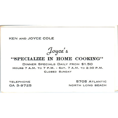 Joyce's Home Cooking Ken & Joyce Cole Long Beach CA Vintage Business Card SD8-B7