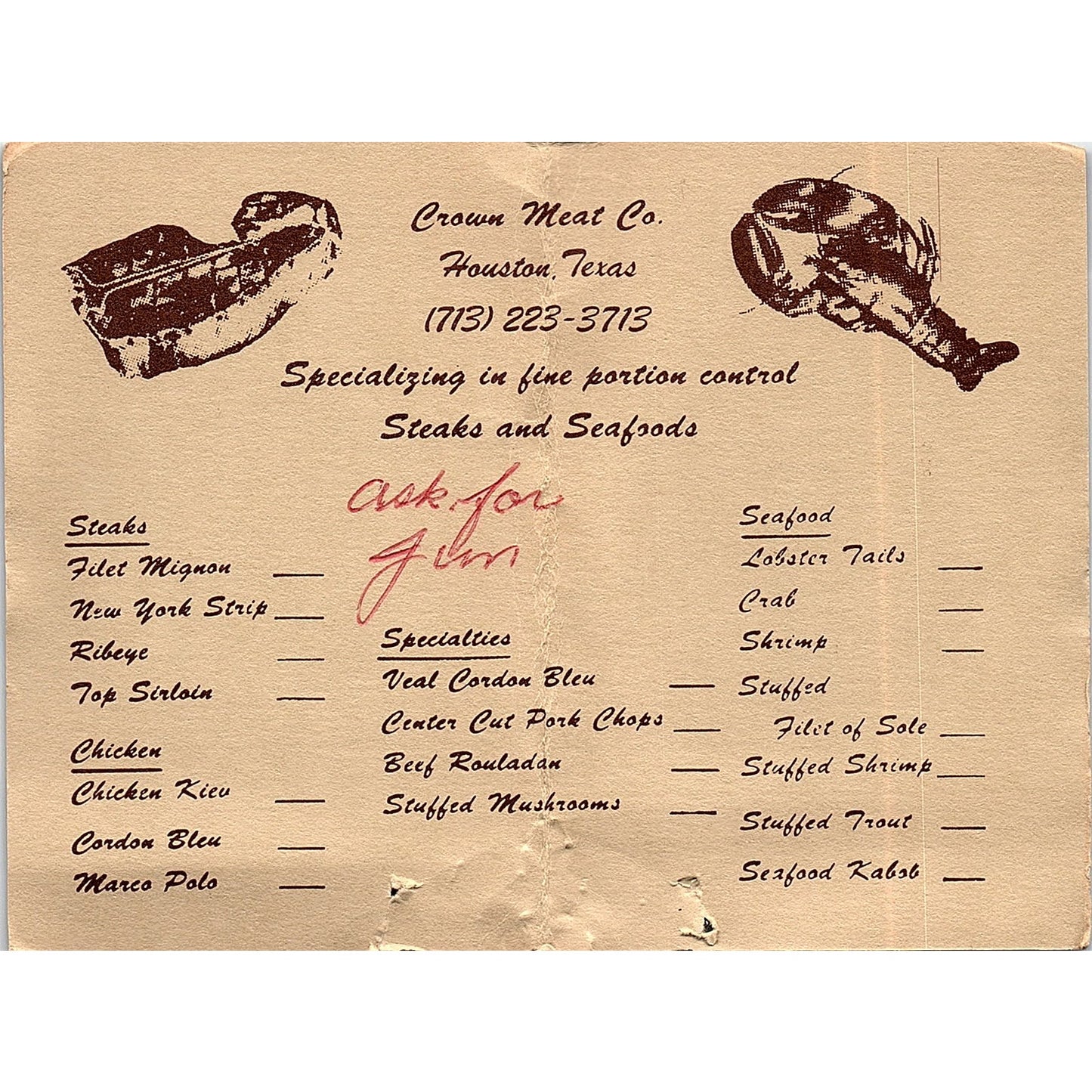 Crown Meat Co Houston TX Vintage Business Card ML1-6