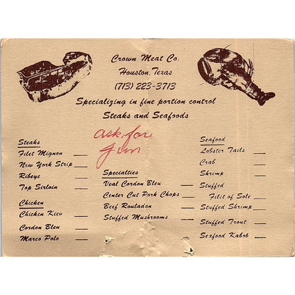 Crown Meat Co Houston TX Vintage Business Card ML1-6