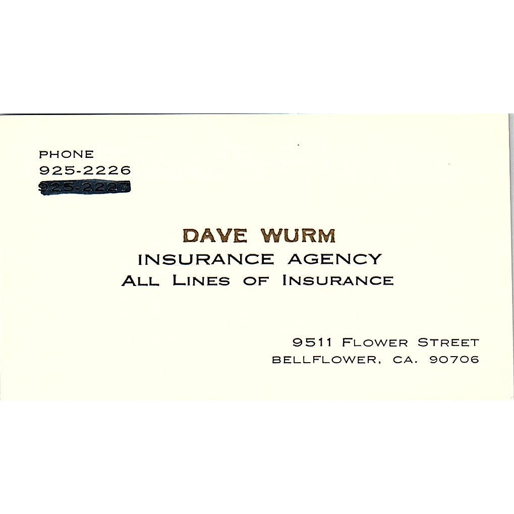 Dave Wurm Ins Agency Bellflower CA Vintage Business Card SD9-B8