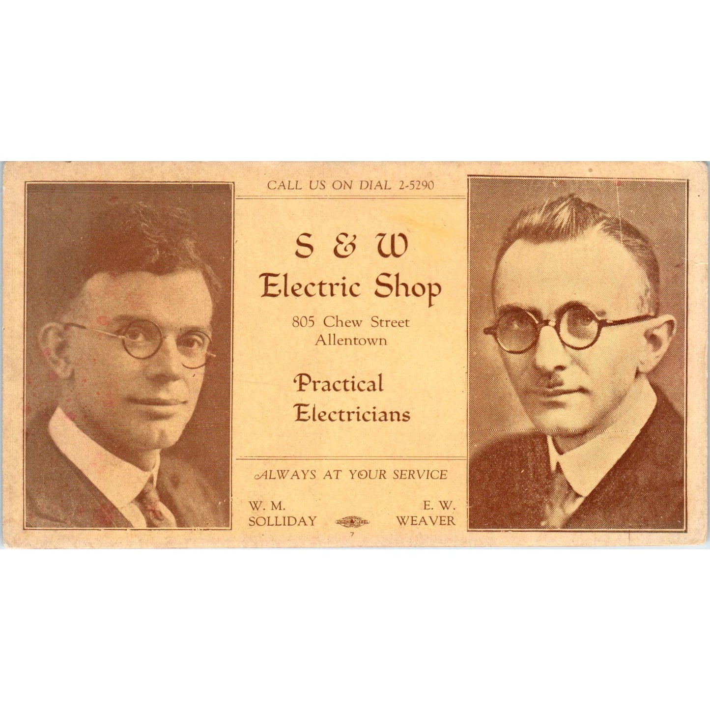 S&W Electric Shop Electricians Allentown PA Blotter W.M. Solliday E.W. Weaver AE5