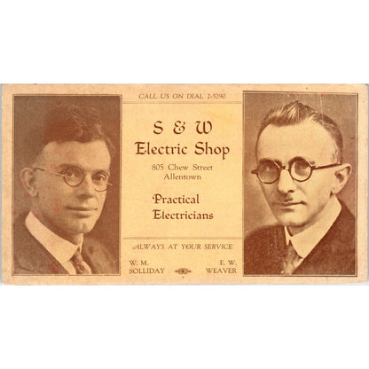 S&W Electric Shop Electricians Allentown PA Blotter W.M. Solliday E.W. Weaver AE5