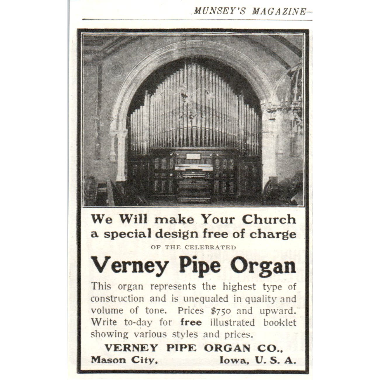 Verney Pipe Organ Co Mason City IA c1905 Original Magazine Advertisement AE7-A1
