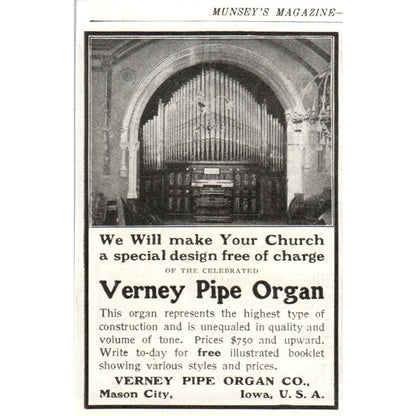 Verney Pipe Organ Co Mason City IA c1905 Original Magazine Advertisement AE7-A1