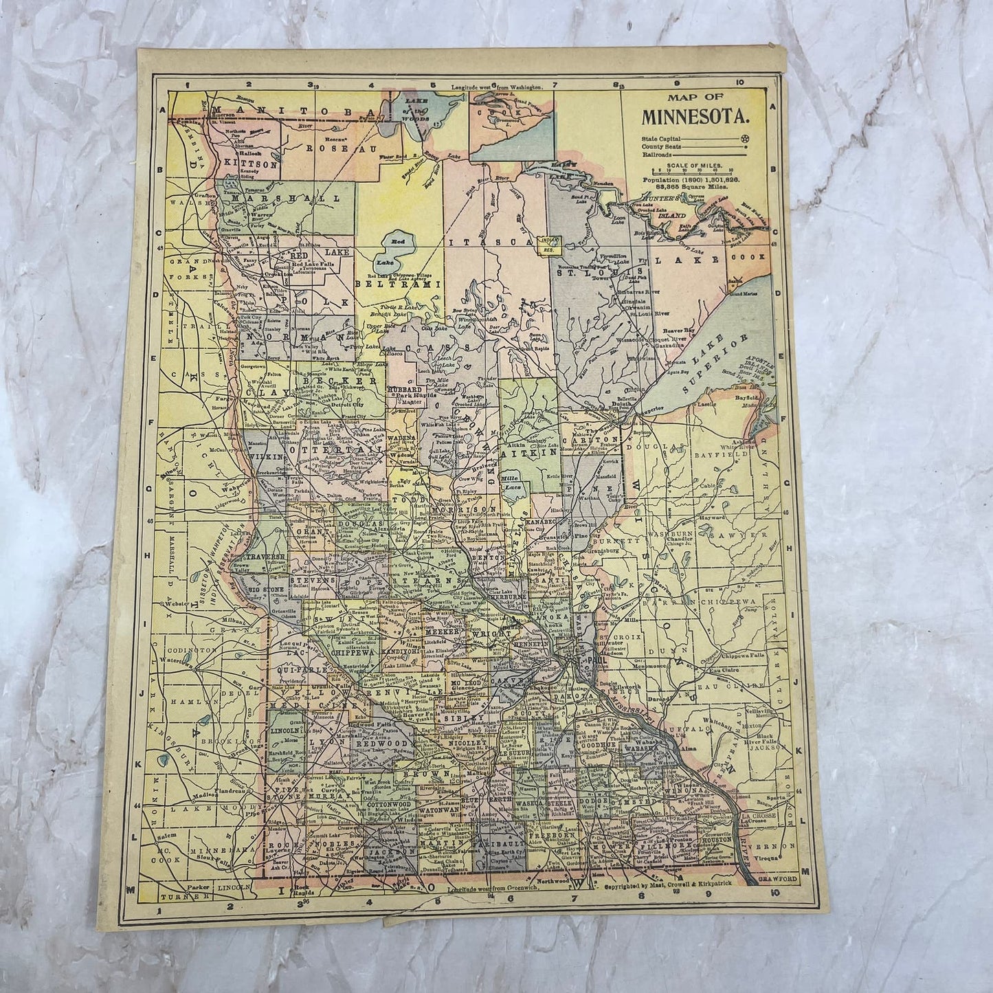 1899 Map of Minnesota 10x13 Original Tinted Map Engraving FL6-8