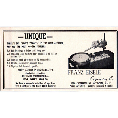 Franz Eisele Engineering Co Exacta Tool Oceanside CA 1964 Magazine Ad AB6-M3