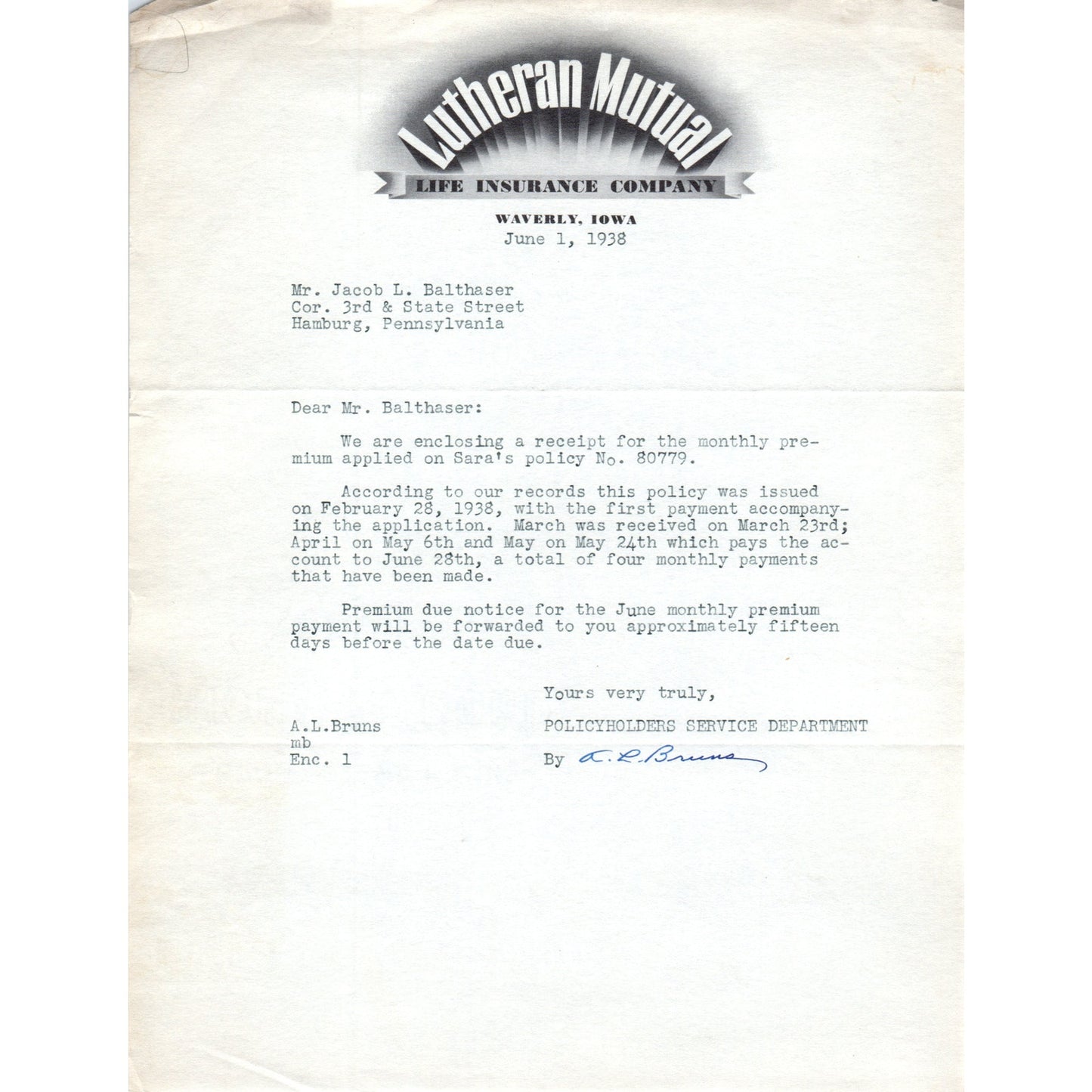 1938 Lutheran Mutual Waverly Iowa A.L. Bruns Letterhead Memo D20