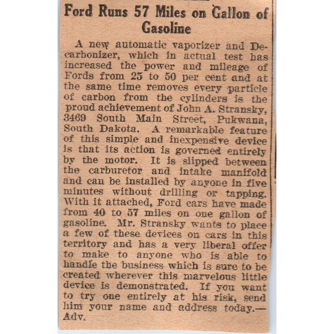 John A. Stransky Pukwana South Dakota Gas Mileage Device 1923 Magazine Ad AE1-4
