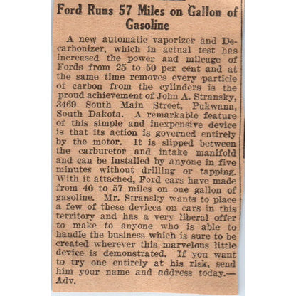 John A. Stransky Pukwana South Dakota Gas Mileage Device 1923 Magazine Ad AE1-4