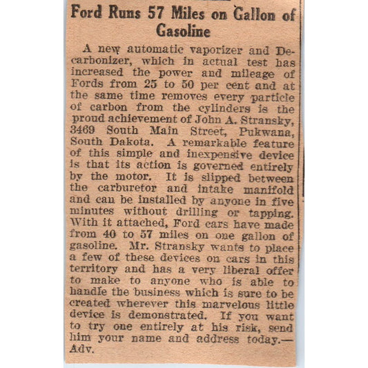 John A. Stransky Pukwana South Dakota Gas Mileage Device 1923 Magazine Ad AE1-4