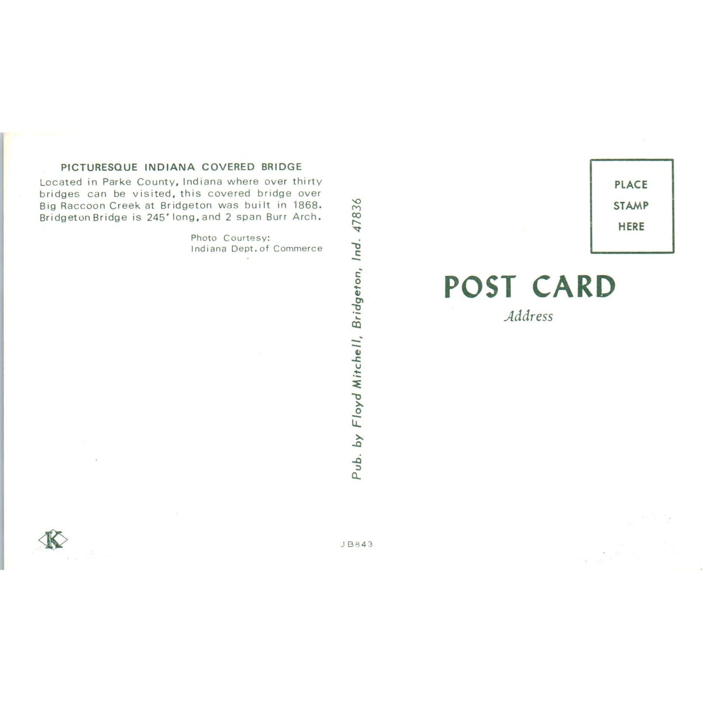 Bridgeton Bridge Parke County Indiana Covered Bridge Postcard PB12