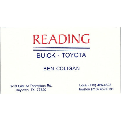 Ben Coligan Reading Buick Toyota Houston Vintage Business Card SD9-B7