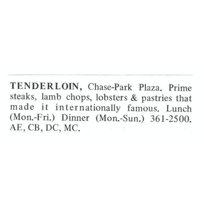 Tenderloin Restaurant Chase-Park Plaza St. Louis 1971 Magazine Ad AD8-O1