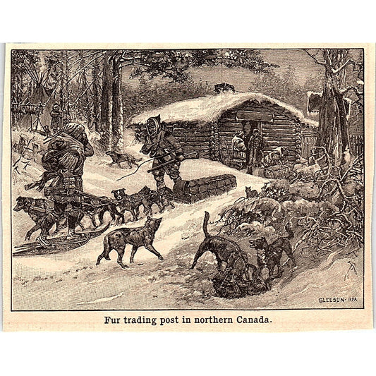 Dog Sled at Fur Trading Post in Northern Canada 3x4" 1901 Engraving AF6-M13