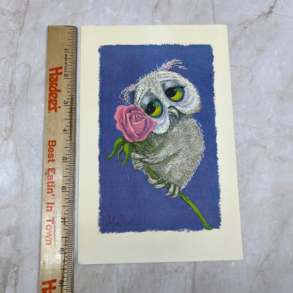 Vintage Kitschy Big Eyed Owl With Flower Print by Marilue 8.5x5.5" TI9-P4