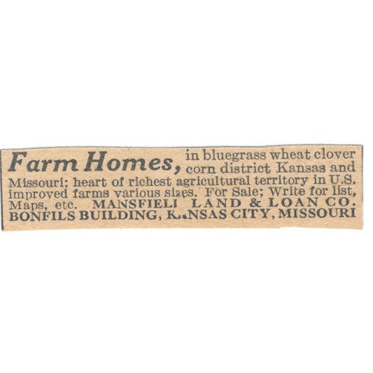 Farm Homes Mansfield Land and Loan Co Kansas City MO 1920 Ad AG2-S2