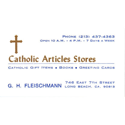 Catholic Articles Stores G.H. Fleischmann Long Beach CA Vtg Business Card SD8-B4
