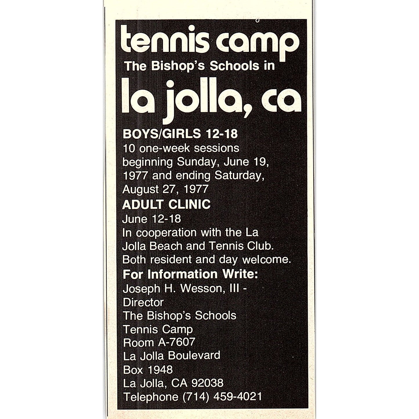 The Bishop's Schools Tennis Camp Joseph H. Wesson La Jolla CA 1977 Ad AF3-Q2