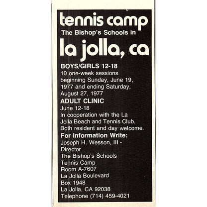 The Bishop's Schools Tennis Camp Joseph H. Wesson La Jolla CA 1977 Ad AF3-Q2