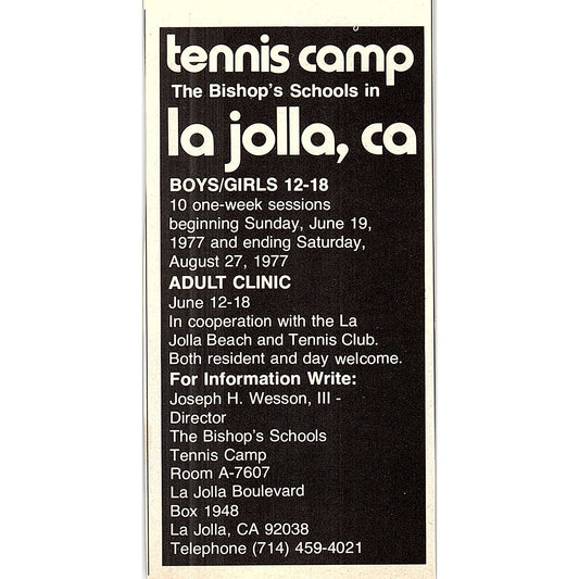 The Bishop's Schools Tennis Camp Joseph H. Wesson La Jolla CA 1977 Ad AF3-Q2