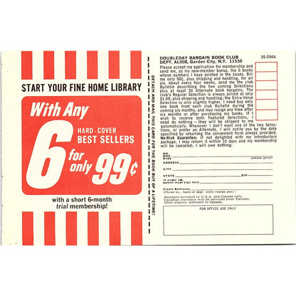 Doubleday Bargain Book Club Blank Postal Mailing Card 1972 Ad AF3-16