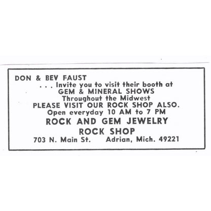 Rock and Gem Jewelry Rock Shop Adrian Michigan 1972 Ad AF8-S3